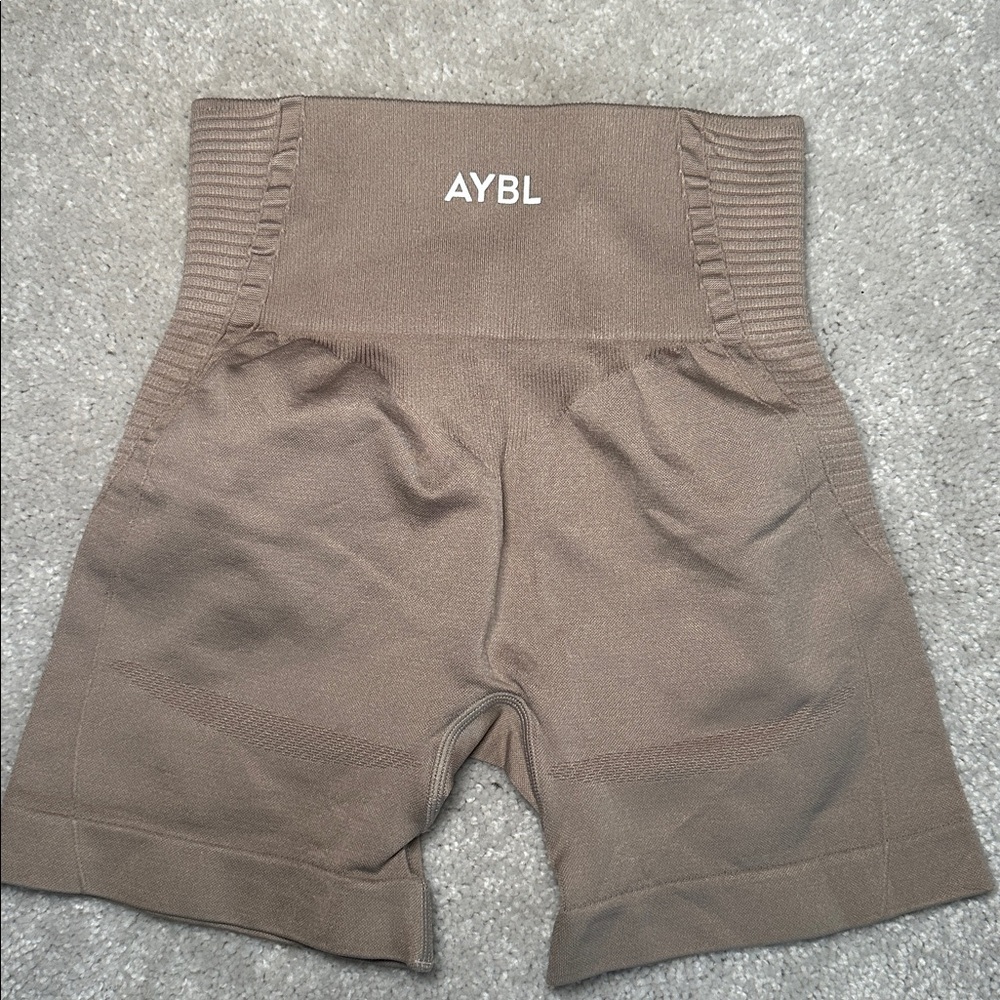 AYBL Taupe Activewear High-Waist Ribbed Shorts - size XS